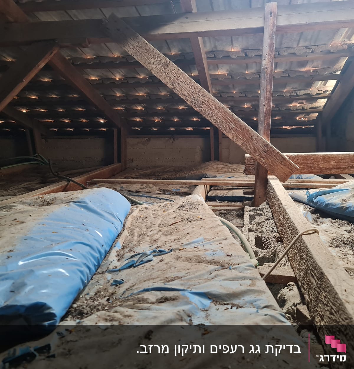 קורות עץ וגג רעפים בעליית גג מאובקת